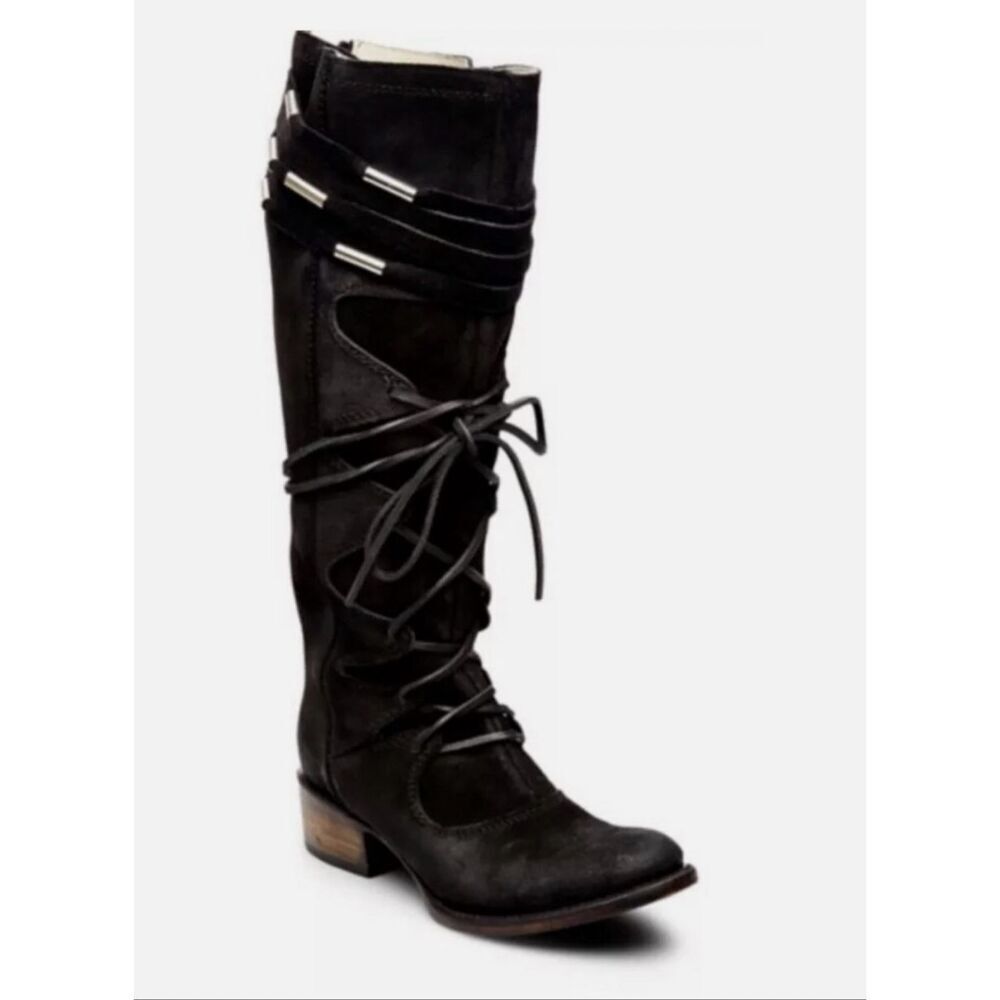 Freebird By Steven Wagon Suede Leather Belted Lace Up Boho Tall Boots Women's 7